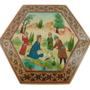 Vintage Persian Khatam Inlay Jewelry Box Hand Painted Miniature Art Scene